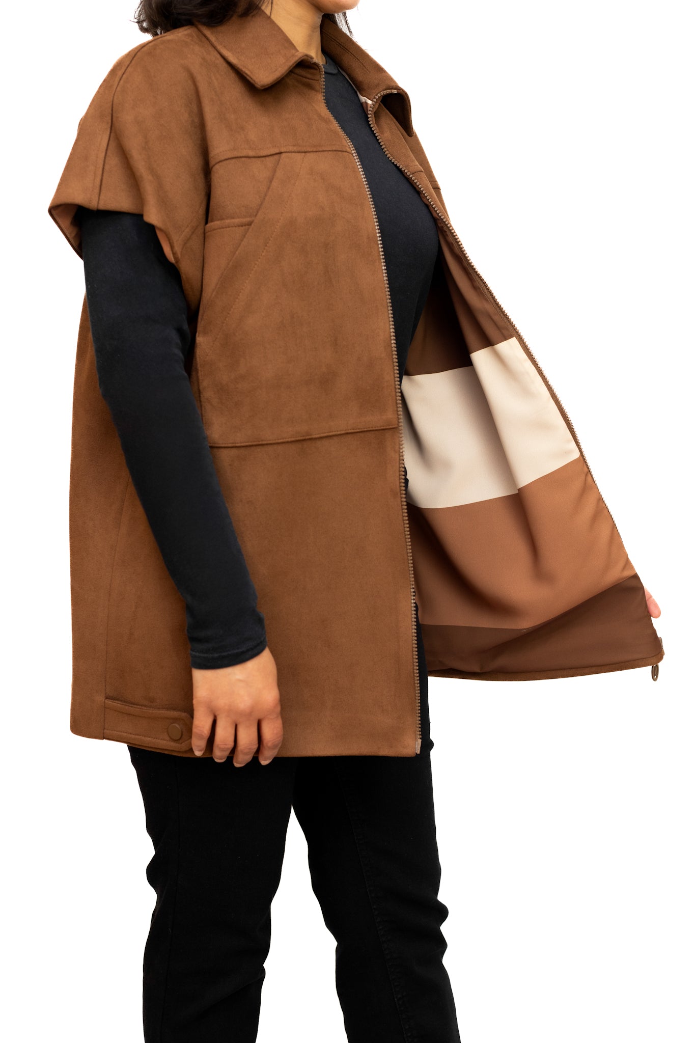 Coffee Brown Faux Suede Sleeveless Jacket