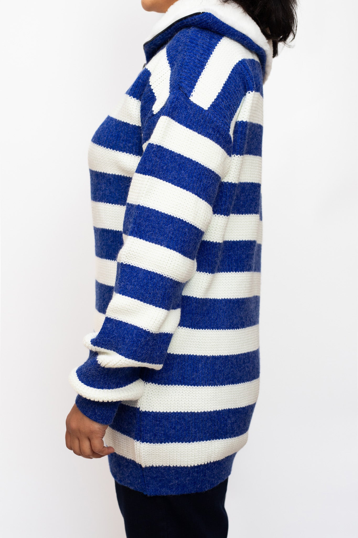 Blue and white striped jumper with fur collar