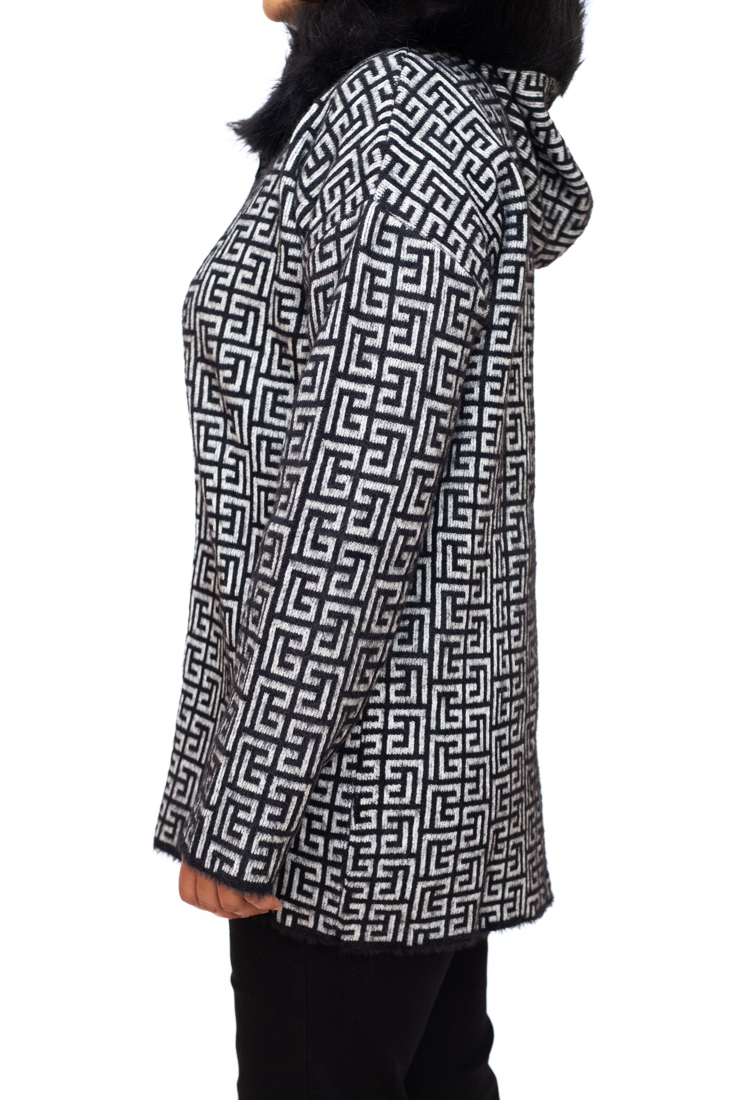 Black and white jacket with faux fur collar