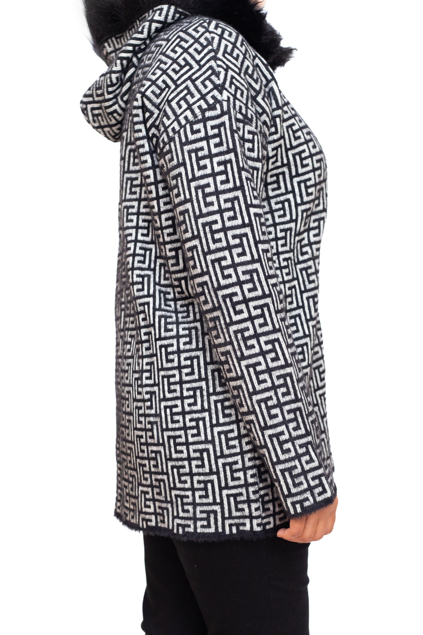 Black and white jacket with faux fur collar