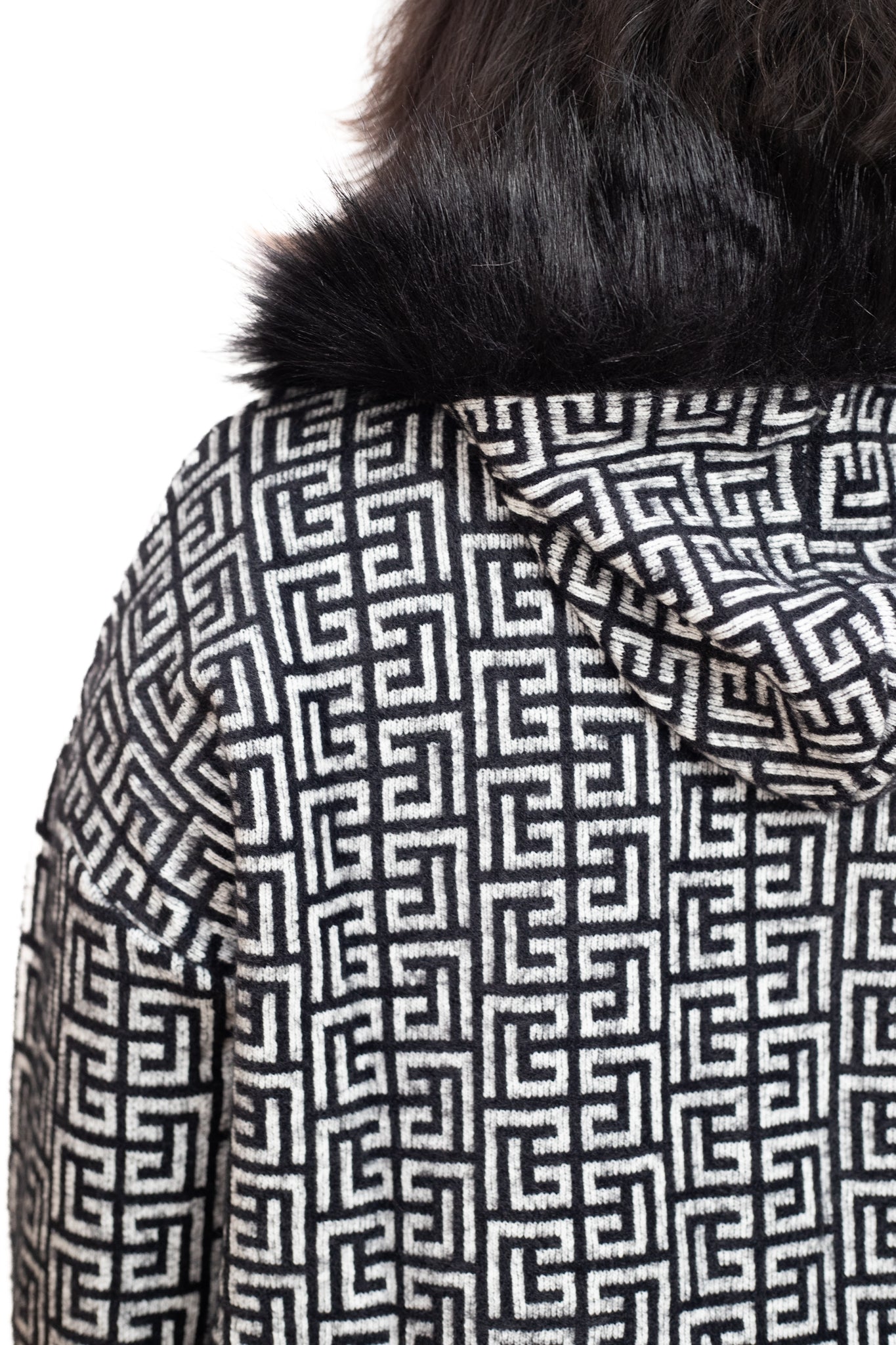 Black and white jacket with faux fur collar