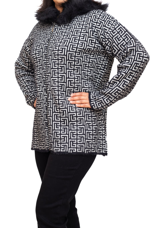 Black and white jacket with faux fur collar