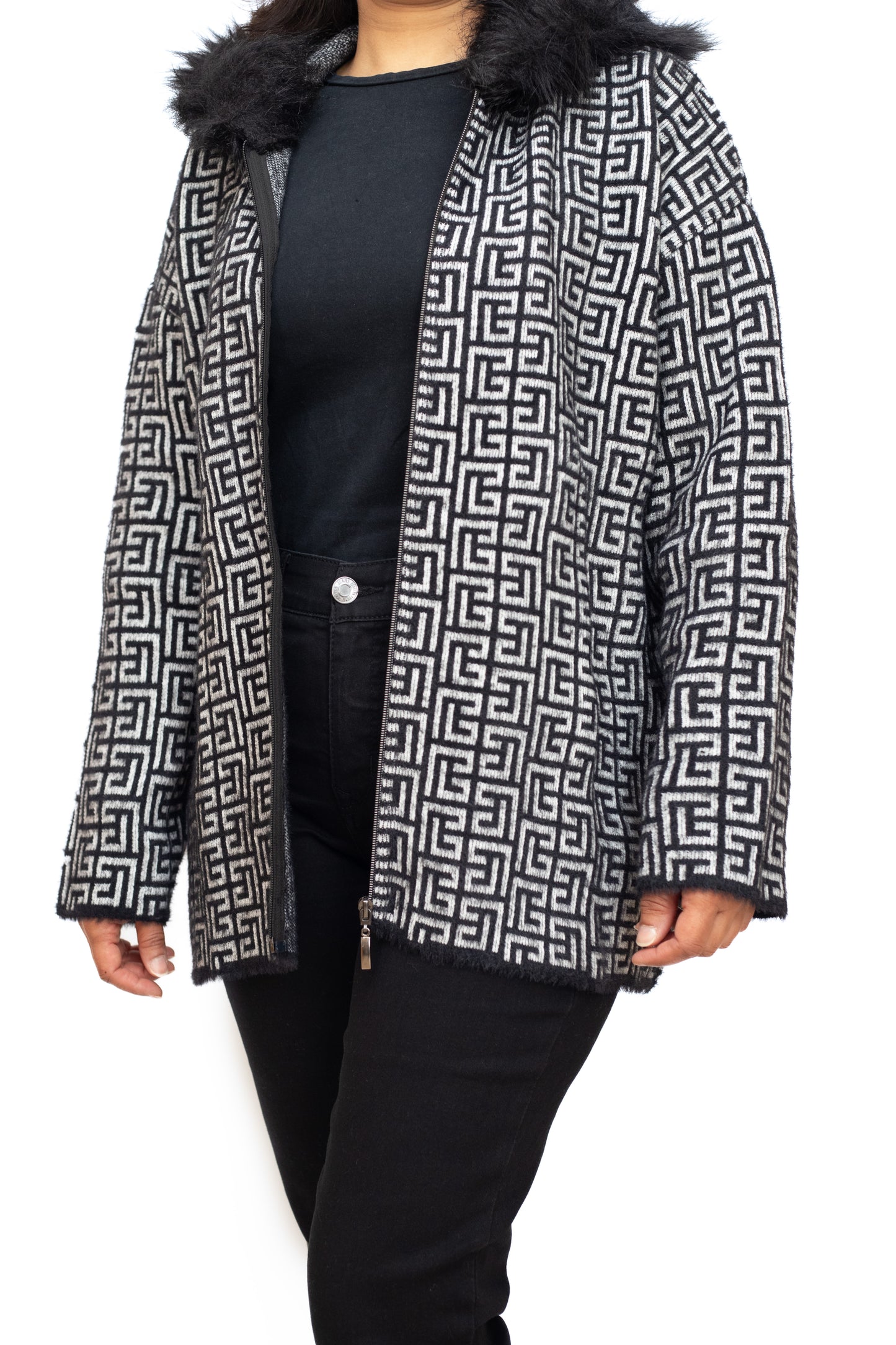 Black and white jacket with faux fur collar