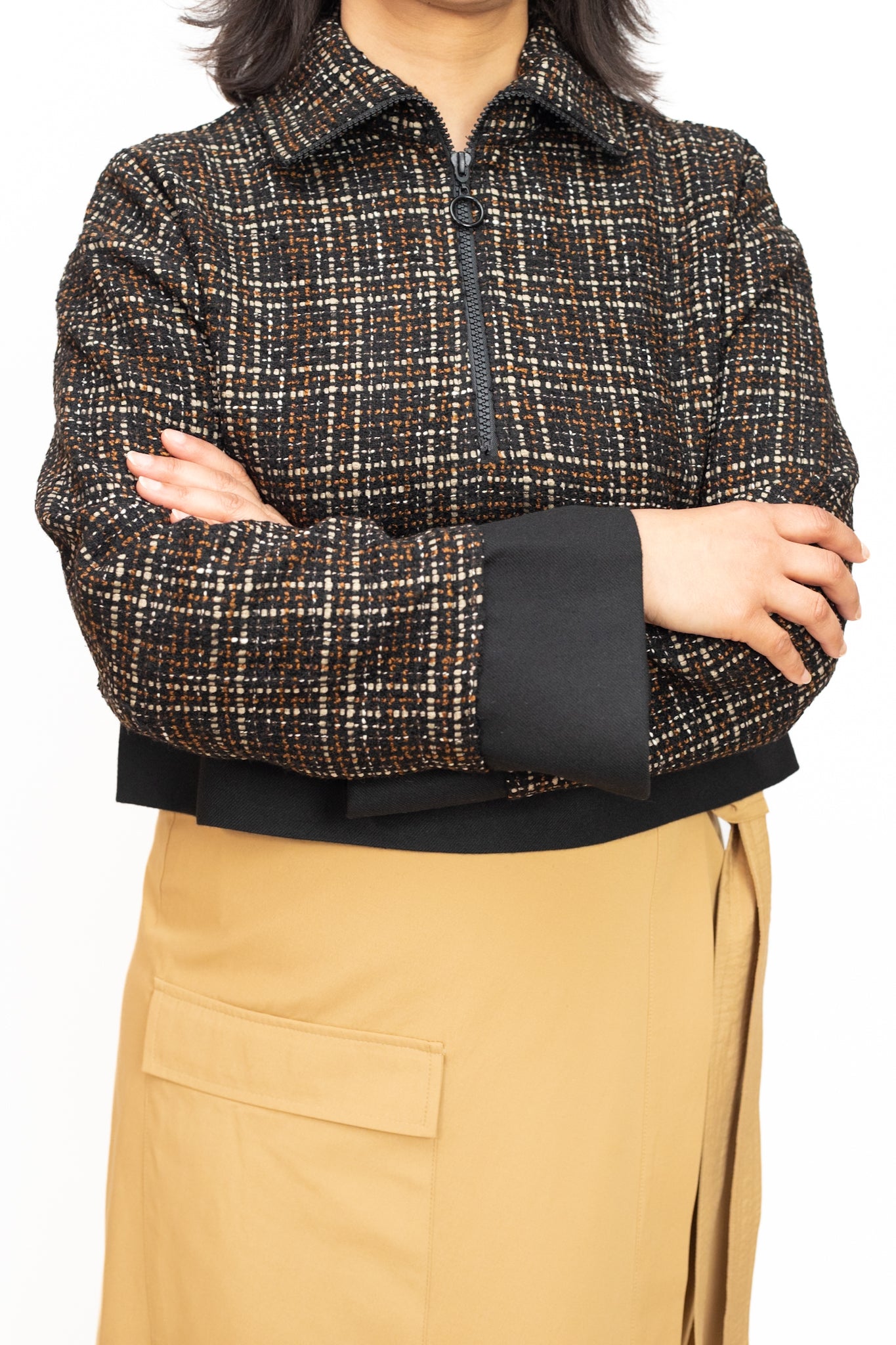 Short checked black and bronze jacket top
