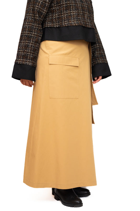 Camel cargo wrap-over skirt