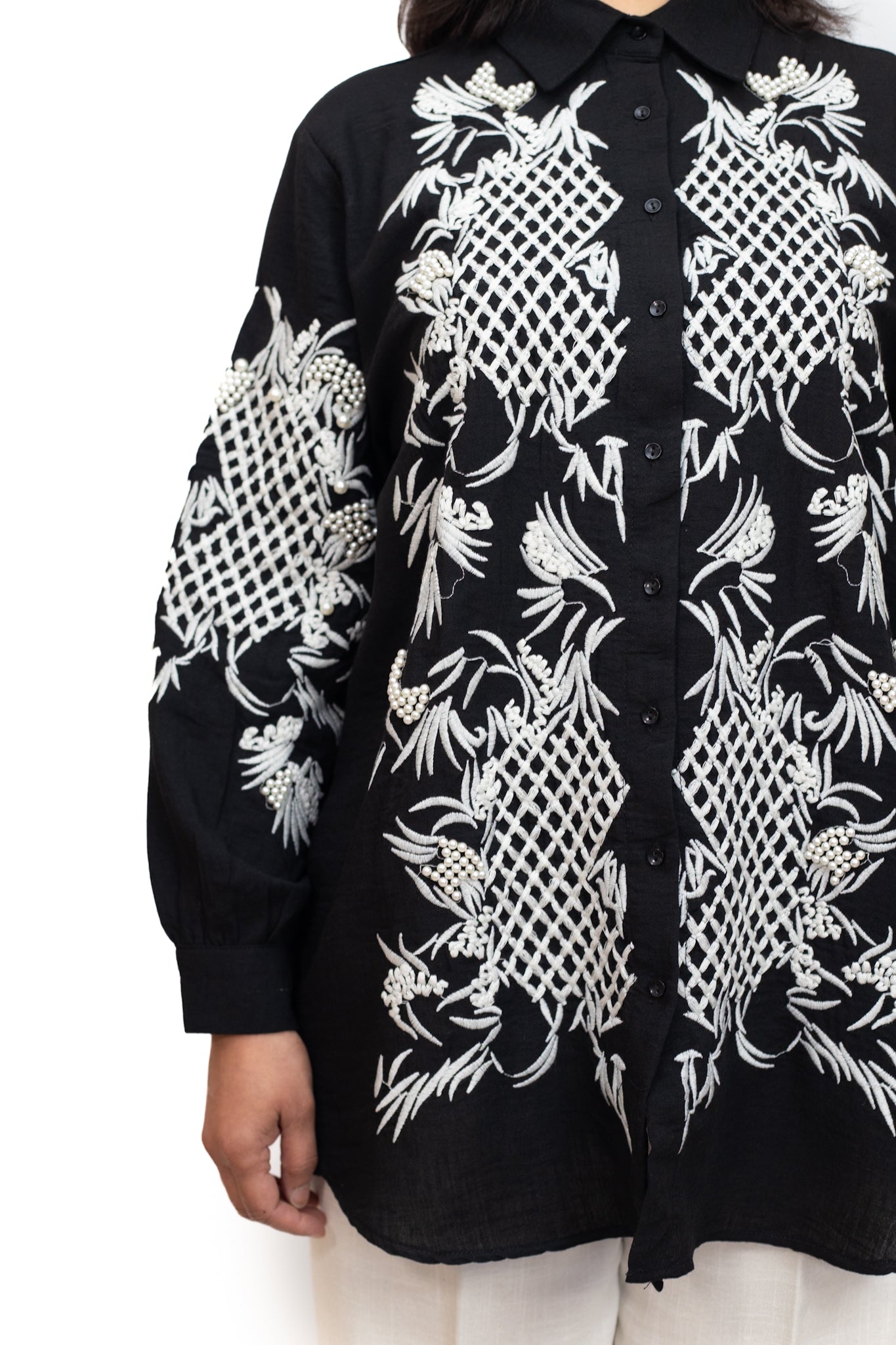 Embroidered Black Long Sleeve Shirt