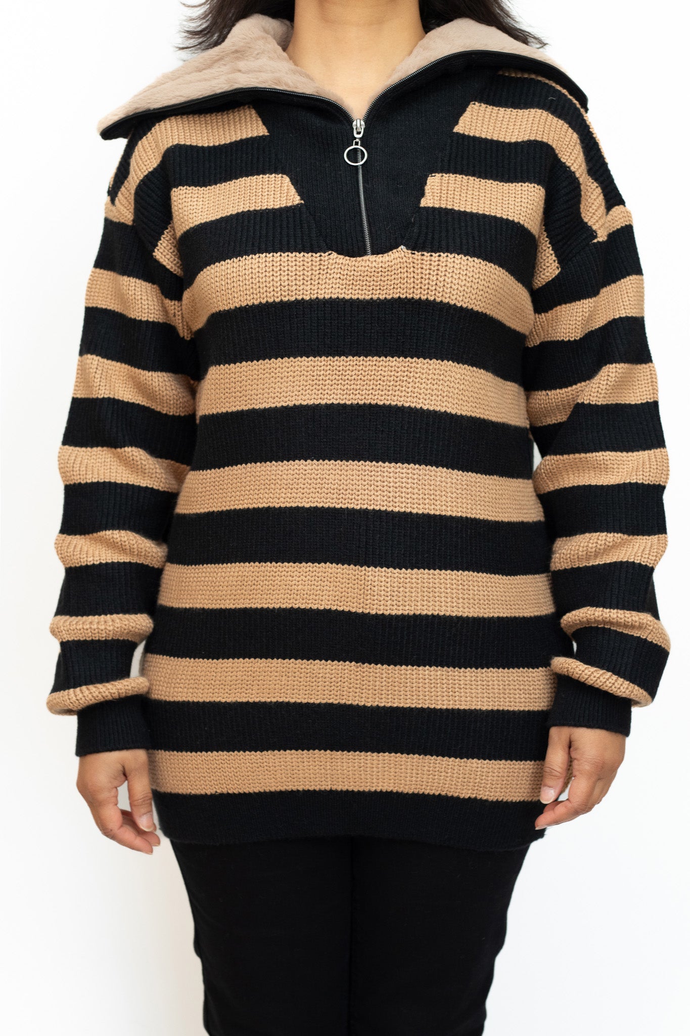 Black and brown striped jumper with fur collar