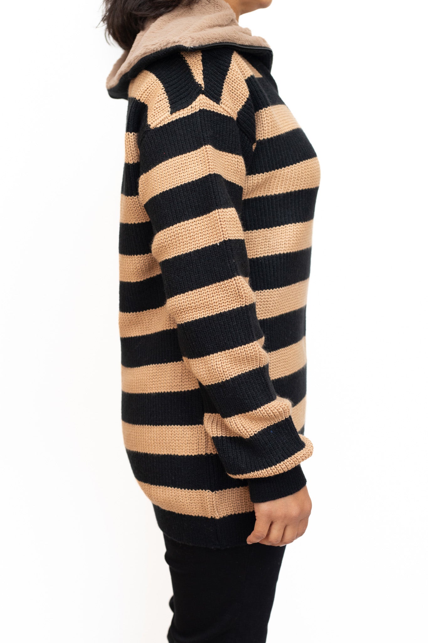 Black and brown striped jumper with fur collar