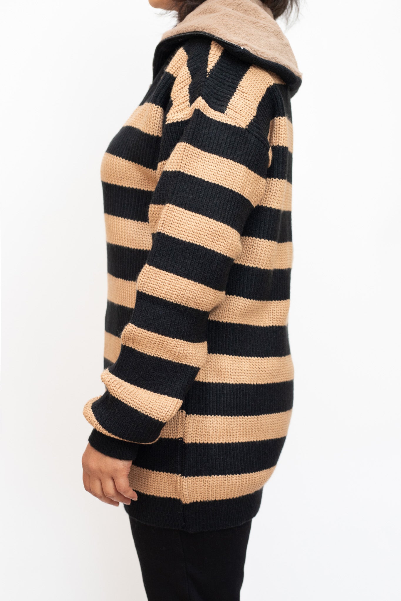 Black and brown striped jumper with fur collar