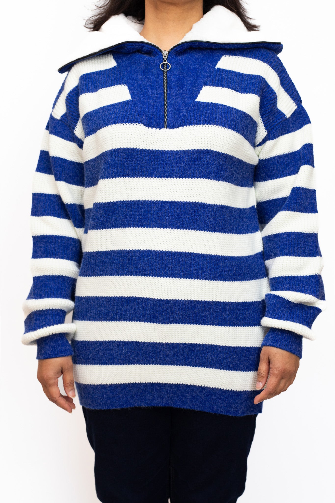 Blue and white striped jumper with fur collar
