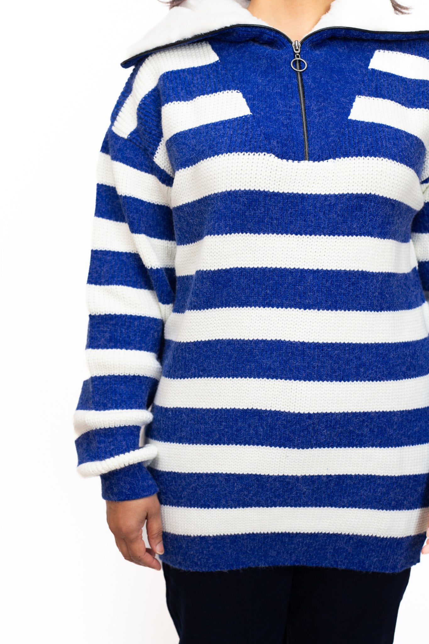Blue and white striped jumper with fur collar