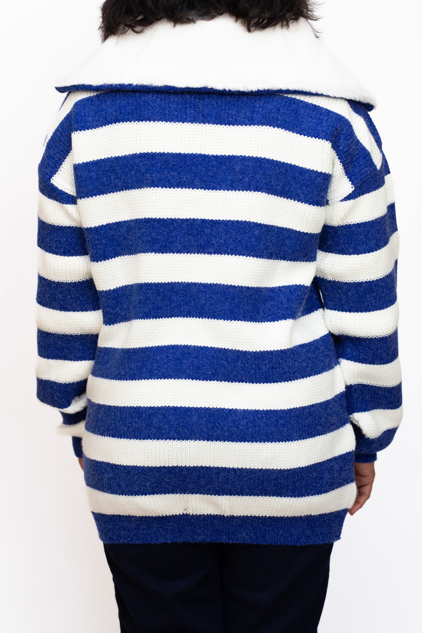 Blue and white striped jumper with fur collar
