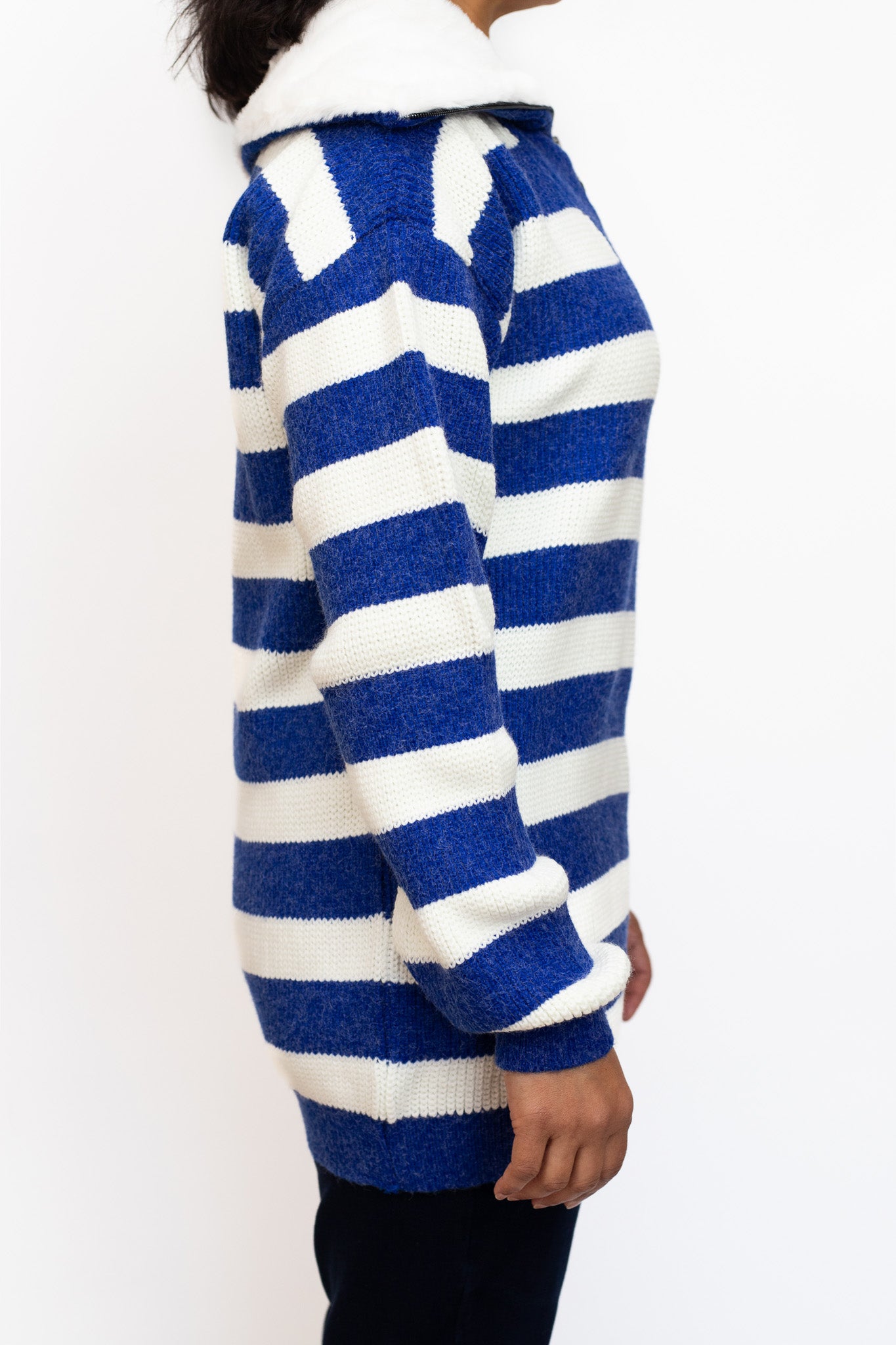 Blue and white striped jumper with fur collar